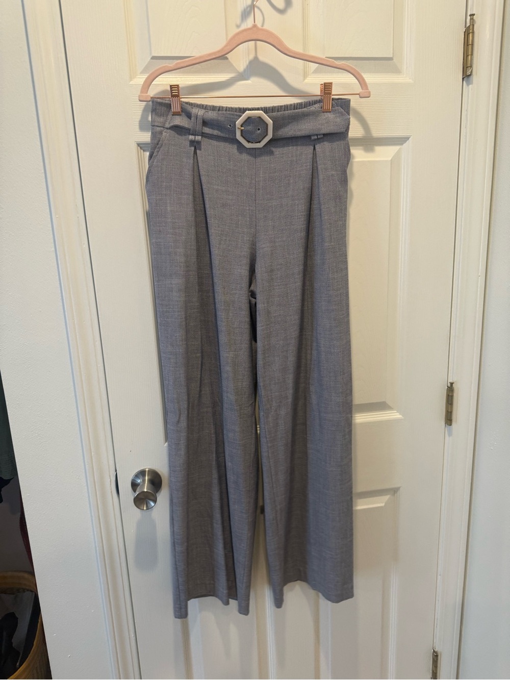 Rachel Zoe Gray Wide-Leg High-Waist Pants with Hex Belt